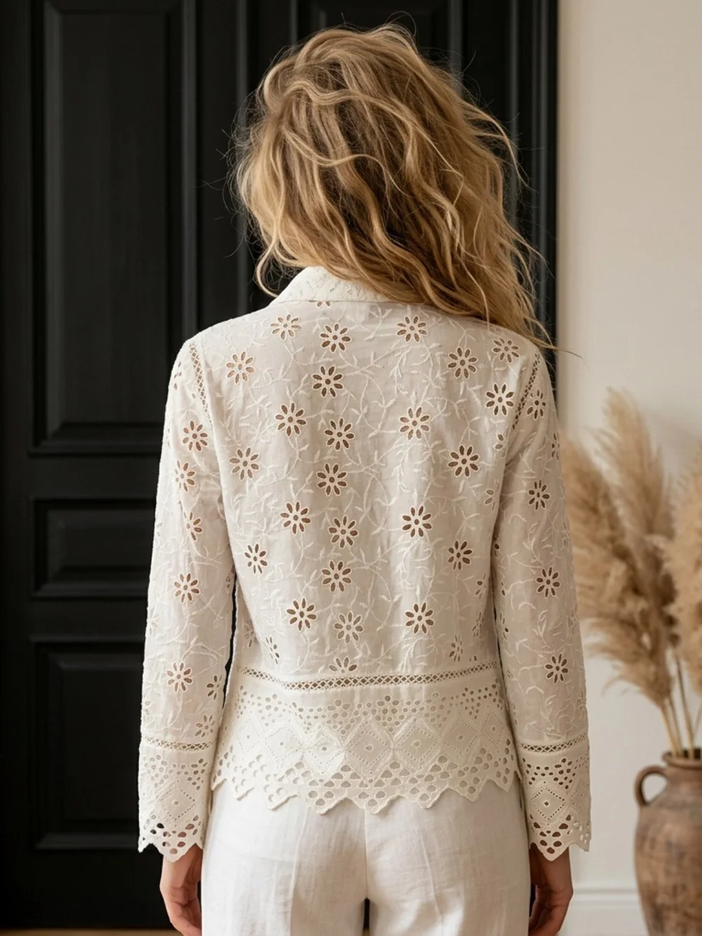 Lauren Ralph Lauren White Lace Eyelet Embroidered Open-Front Jacket Size PM